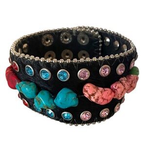 Pony hair wide cuff bracelet leather with multicoloured crystals and howlite